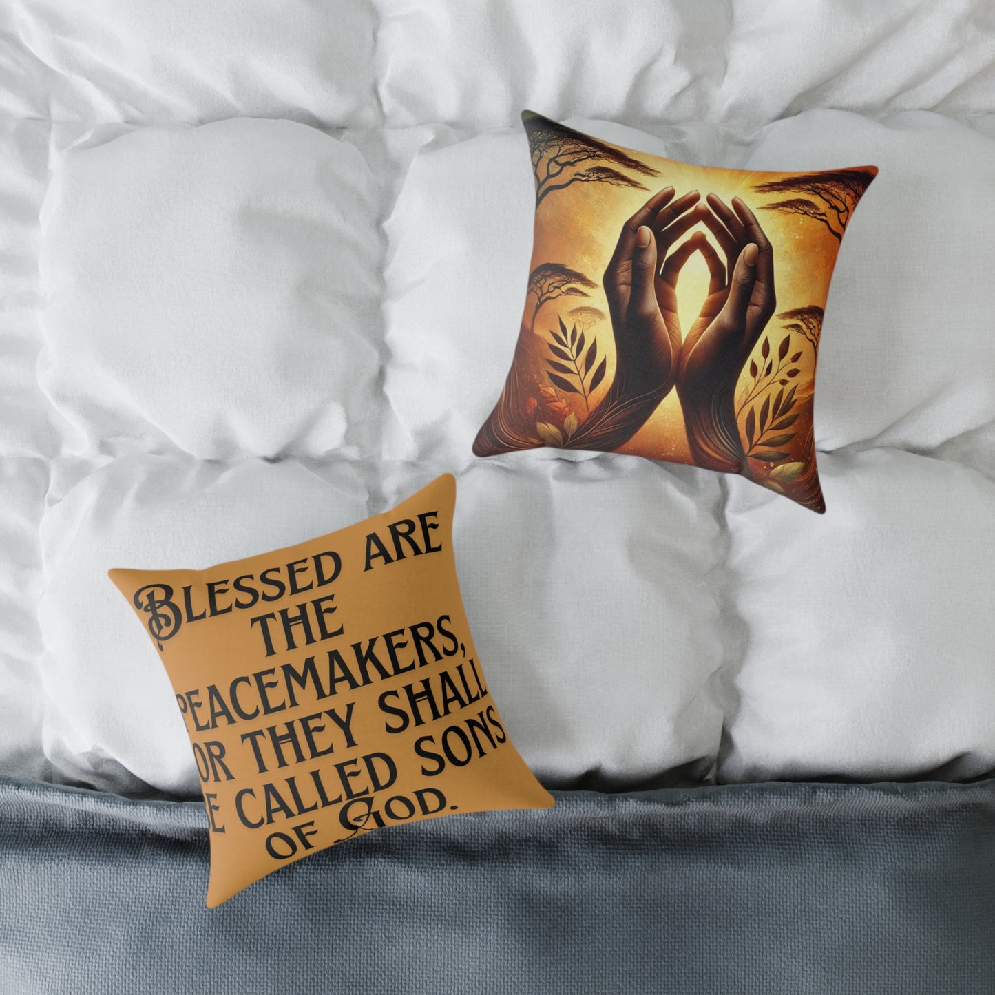 Square Poly Canvas Pillow: Blessed are the Peacemakers | Inspirational Home Decor, Gift for Meditation, Cozy Living