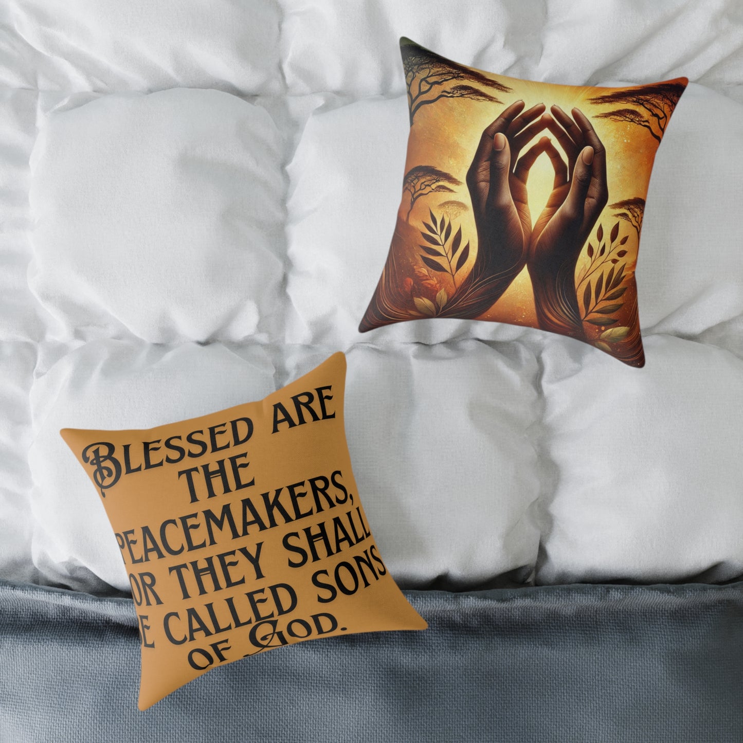Square Poly Canvas Pillow: Blessed are the Peacemakers | Inspirational Home Decor, Gift for Meditation, Cozy Living