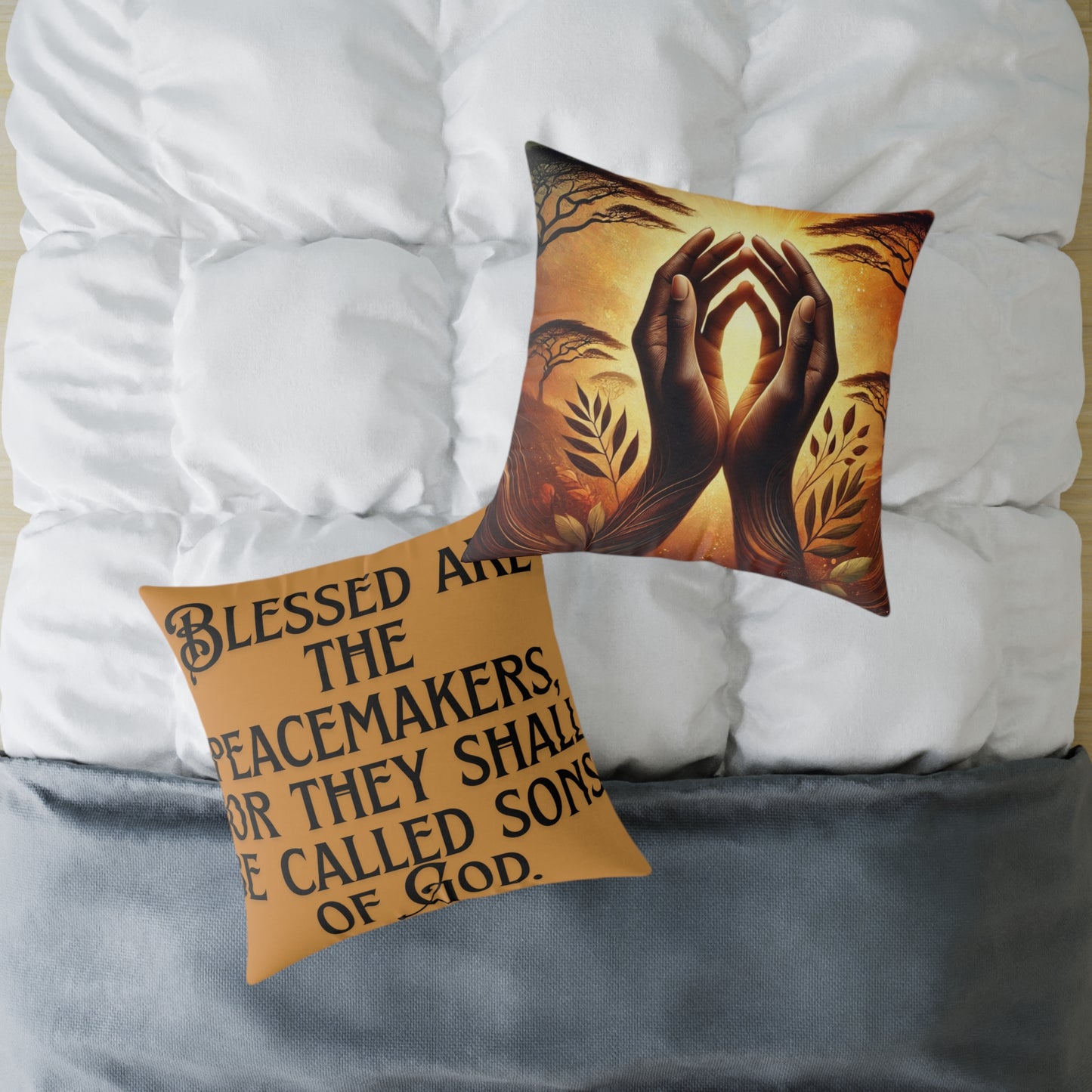 Square Poly Canvas Pillow: Blessed are the Peacemakers | Inspirational Home Decor, Gift for Meditation, Cozy Living