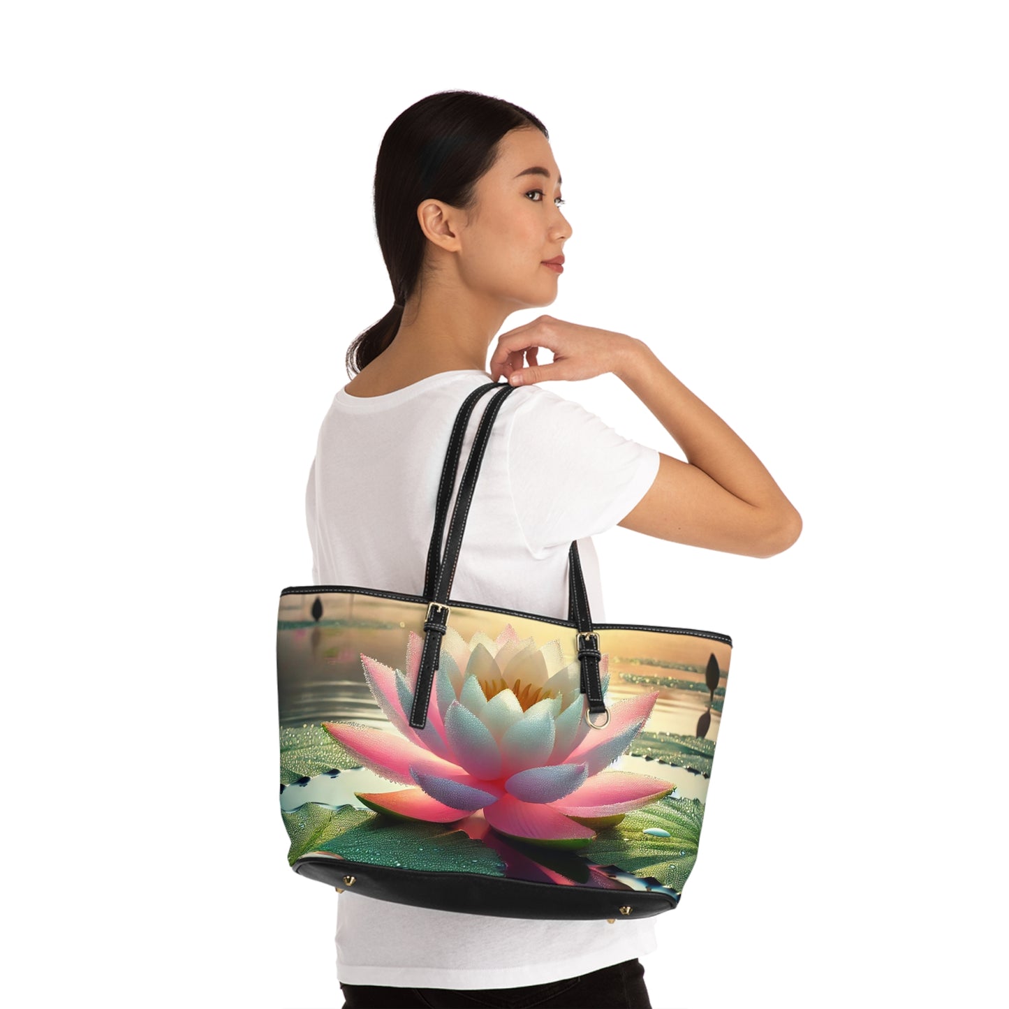 Lotus Flower PU Leather Shoulder Bag - Elegant Floral Tote for Everyday Use