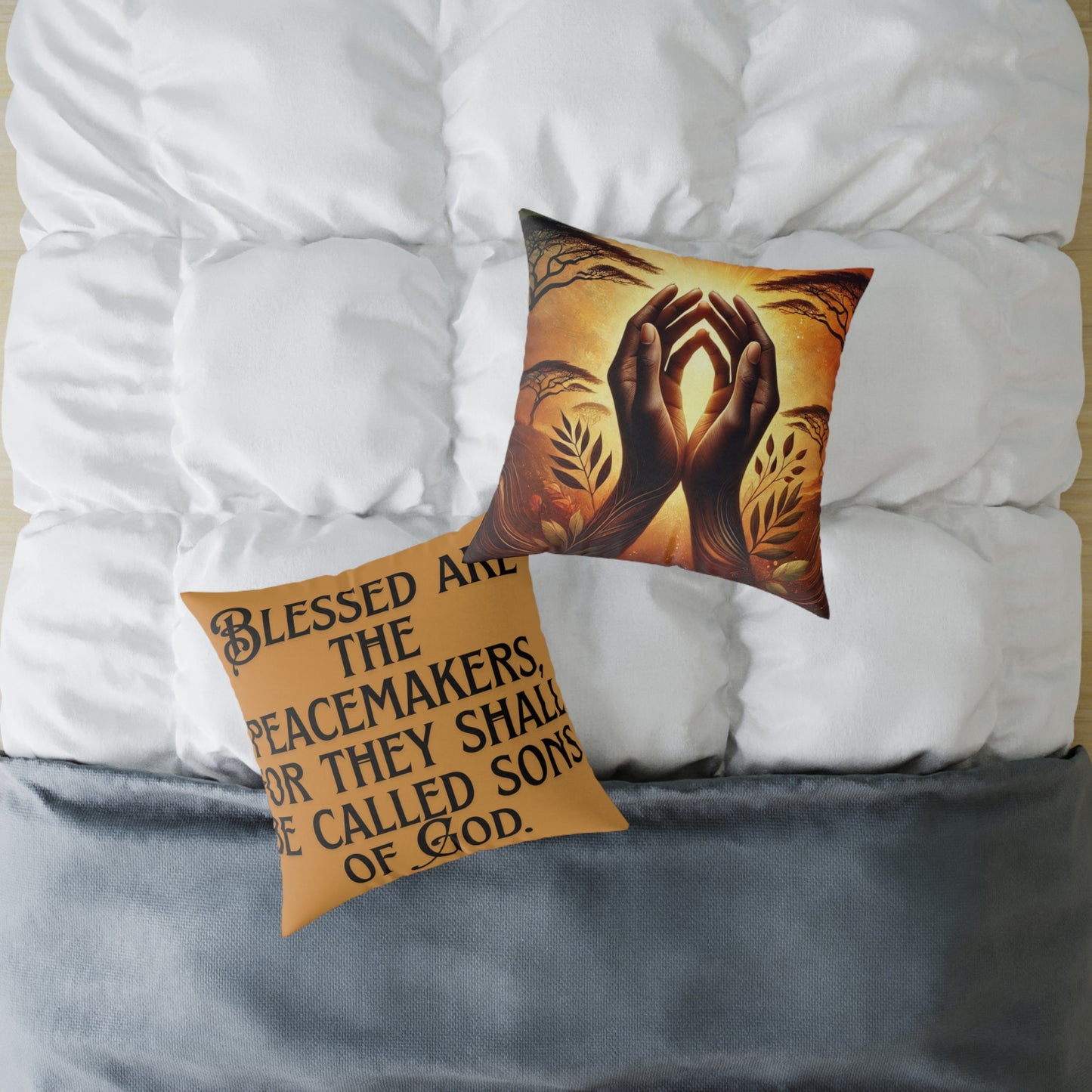 Square Poly Canvas Pillow: Blessed are the Peacemakers | Inspirational Home Decor, Gift for Meditation, Cozy Living