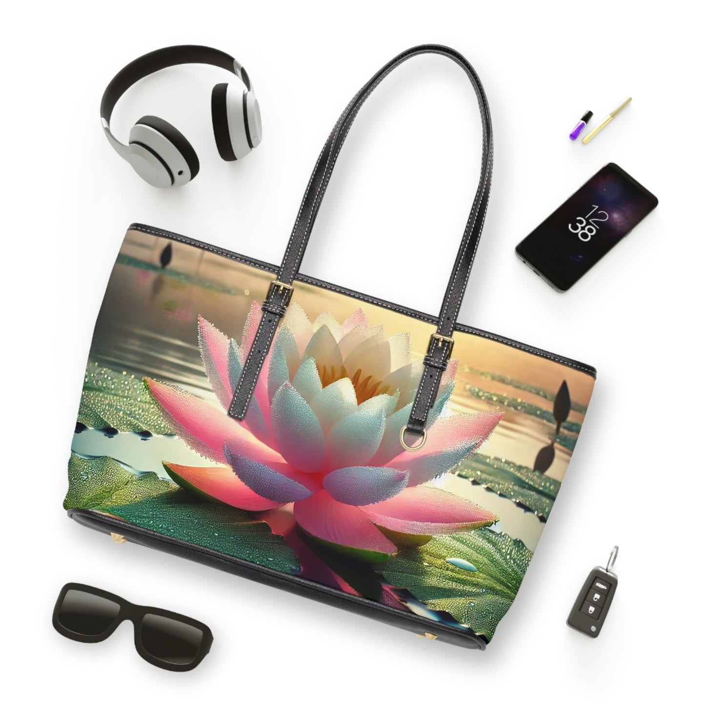 Lotus Flower PU Leather Shoulder Bag - Elegant Floral Tote for Everyday Use