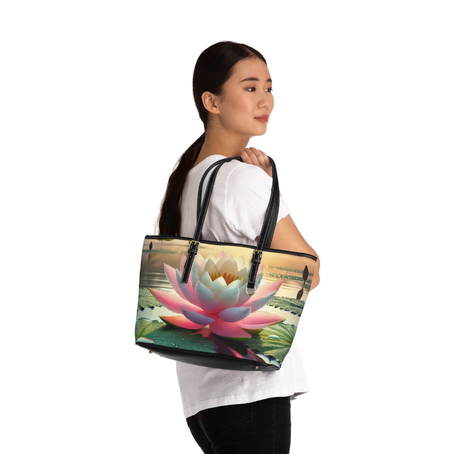Lotus Flower PU Leather Shoulder Bag - Elegant Floral Tote for Everyday Use