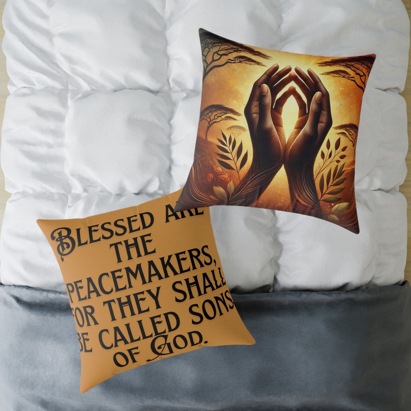 Square Poly Canvas Pillow: Blessed are the Peacemakers | Inspirational Home Decor, Gift for Meditation, Cozy Living